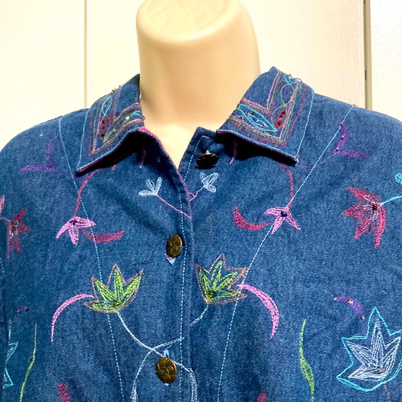 COUNTRY WEAR Vintage Denim Beaded Short Sleeve Shacket Pink Floral Large Petite - Picture 4 of 16